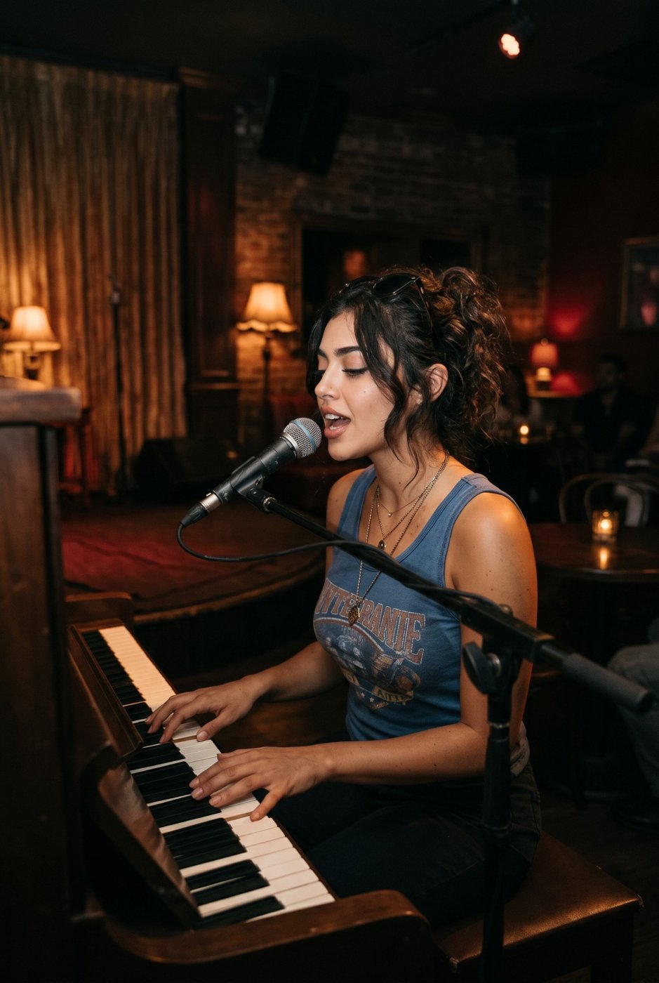 Vee Valentine singing at the piano in a candlelit lounge