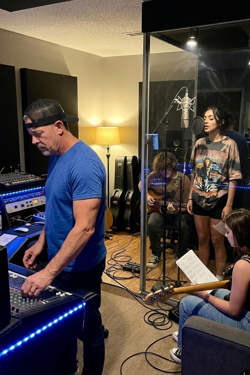 Vee Valentine recording vocals in the studio