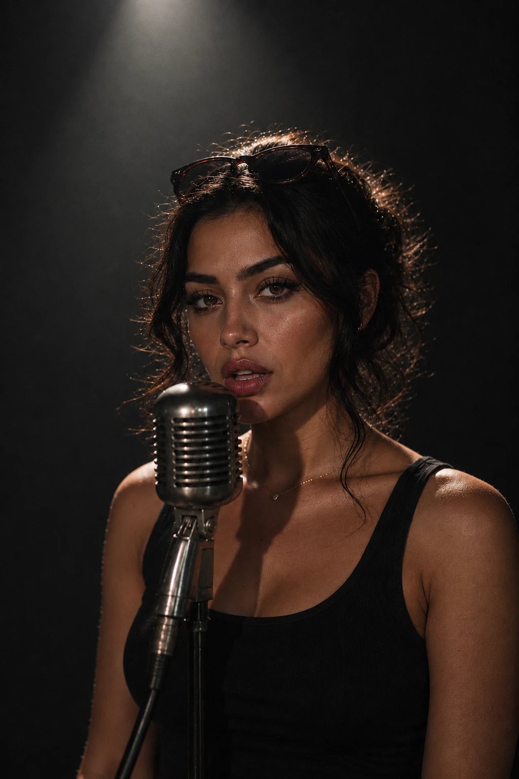 Vee Valentine singing at a vintage microphone in a spotlight