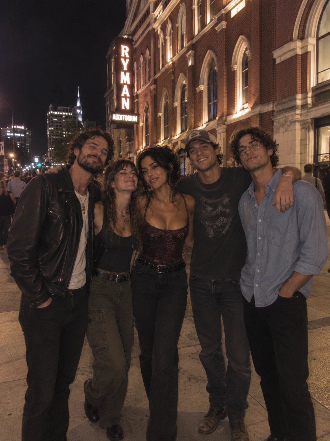 Vee Valentine with four friends on a Nashville street at night in front of the Ryman Auditorium