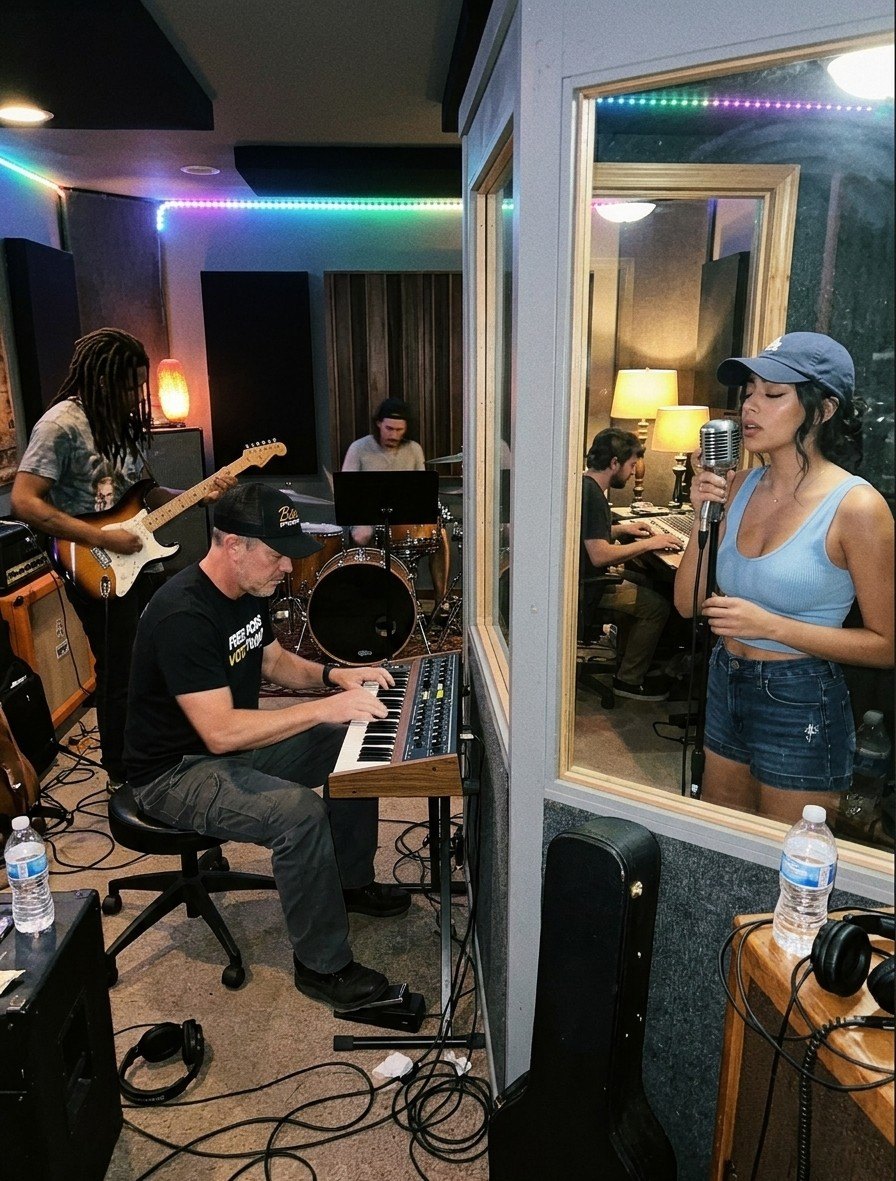 Vee Valentine singing into a vintage microphone in a vocal booth while a band plays in the studio