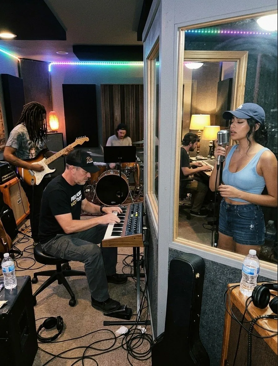 Vee Valentine singing in a vocal booth while a band plays in the studio