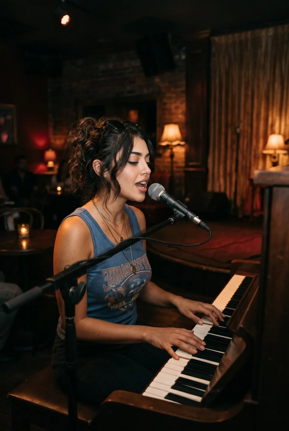 Vee Valentine singing and playing piano in a candlelit lounge