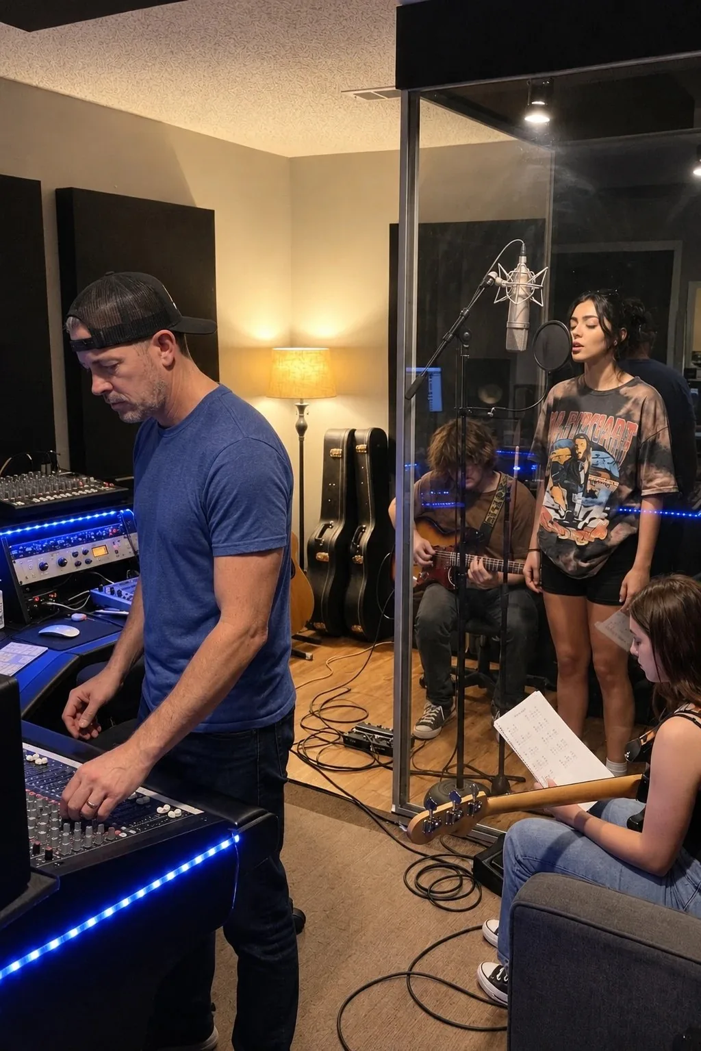 Vee Valentine singing at the studio microphone while the producer works the mixing console